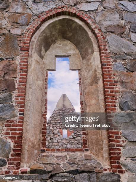 window of an old roofless church ruins on a beautiful sunny mid-summer day in finland - teemu tretjakov stock pictures, royalty-free photos & images