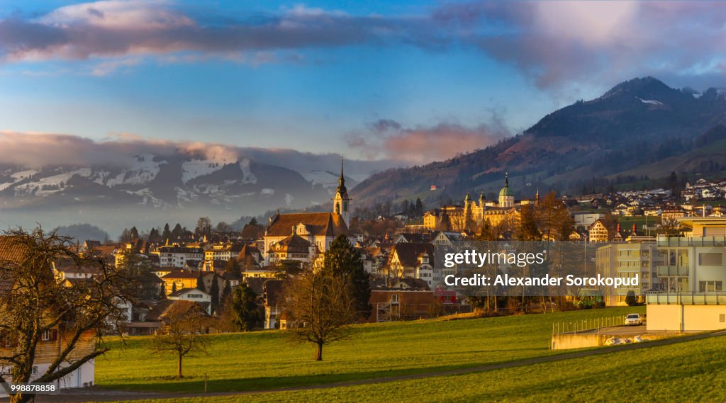 Colorful sunset in Schwyz. Switzerland. Wide-angle HD-quality pa