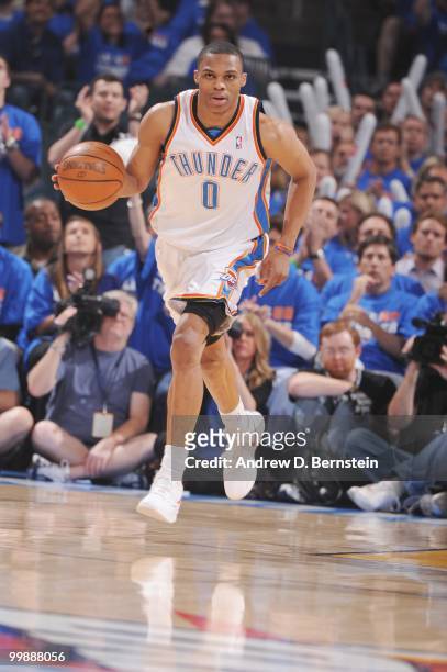 Russell Westbrook of the Oklahoma City Thunder dribbles against the Los Angeles Lakers in Game Six of the Western Conference Quarterfinals during the...