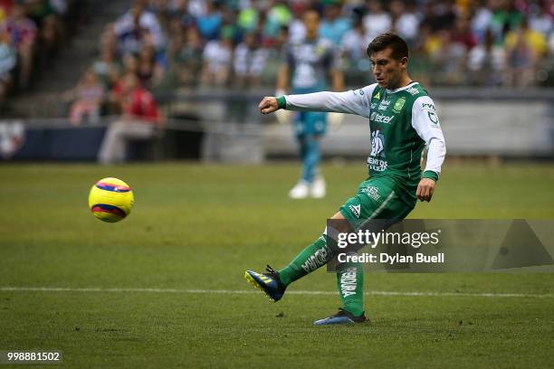 Juan Cornejo of Club Leon kicks the ball in the first half against CF Pachuca at Miller Park on July 11, 2018 in Milwaukee, Wisconsin.