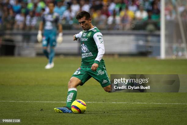 Juan Cornejo of Club Leon kicks the ball in the first half against CF Pachuca at Miller Park on July 11, 2018 in Milwaukee, Wisconsin.