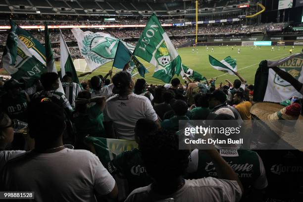 Fans cheer during the match between Club Leon and CF Pachuca at Miller Park on July 11, 2018 in Milwaukee, Wisconsin.