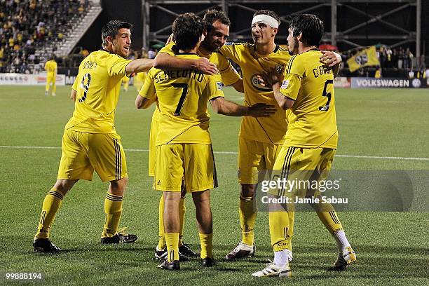 The Columbus Crew celebrate a goal against Chivas USA on May 15, 2010 at Crew Stadium in Columbus, Ohio.