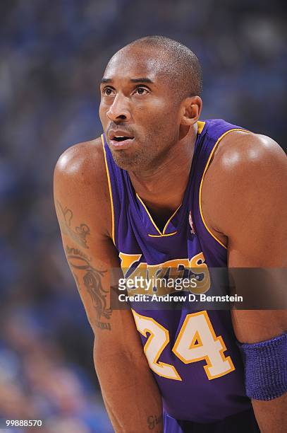 Kobe Bryant of the Los Angeles Lakers looks on during the game against the Oklahoma City Thunder in Game Six of the Western Conference Quarterfinals...