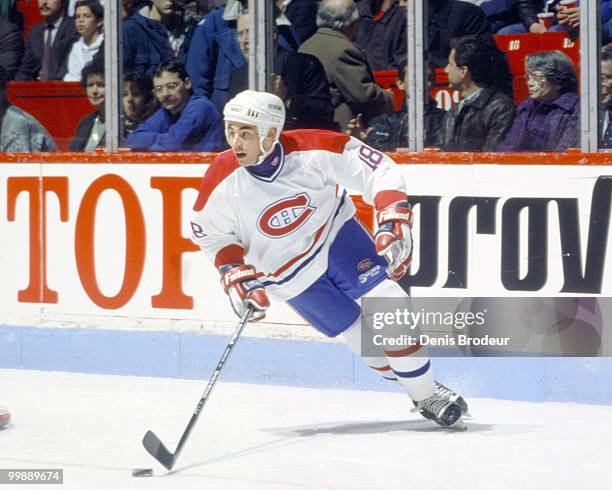 Mathieu Schneider of the Montreal Canadiens skates during the 1990's at the Montreal Forum in Montreal, Quebec, Canada. Schneider played for the...