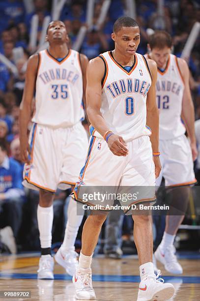 Russell Westbrook of the Oklahoma City Thunder walks upcourt against the Los Angeles Lakers in Game Six of the Western Conference Quarterfinals...