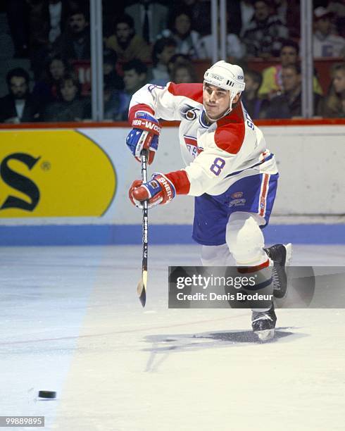 Mathieu Schneider of the Montreal Canadiens skates during the 1990's at the Montreal Forum in Montreal, Quebec, Canada. Schneider played for the...