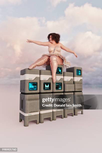 overweight ballerina sitting on supercomputers and pointing - bizarre fashion stock pictures, royalty-free photos & images