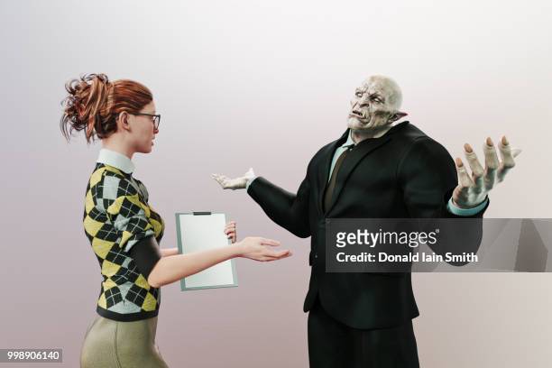 ogre businessman with arms raised talks to office woman with clipboard - troll fictional character stock pictures, royalty-free photos & images