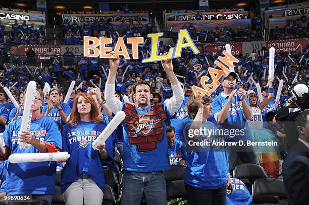 Oklahoma City Thunder fans cheer during the game against the Los Angeles Lakers in Game Six of the Western Conference Quarterfinals during the 2010...