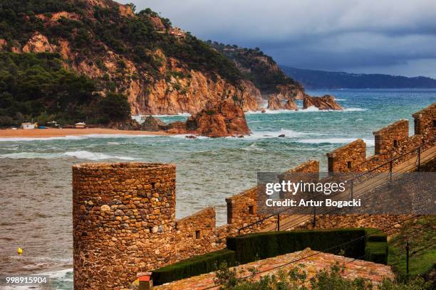 tossa de mar battlement on costa brava in spain - vista do mar foto e immagini stock