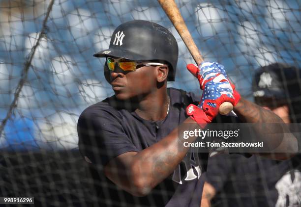 Didi Gregorius of the New York Yankees takes batting practice before the start of MLB game action against the Toronto Blue Jays at Rogers Centre on...