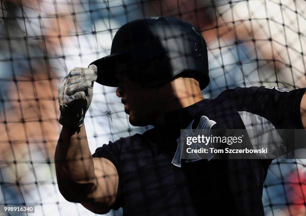 Giancarlo Stanton of the New York Yankees takes batting practice before the start of MLB game action against the Toronto Blue Jays at Rogers Centre...