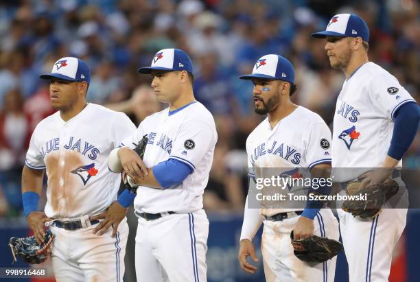 Yangervis Solarte of the Toronto Blue Jays and Aledmys Diaz and Devon Travis and Justin Smoak stand and wait during a pitching change in the fifth...