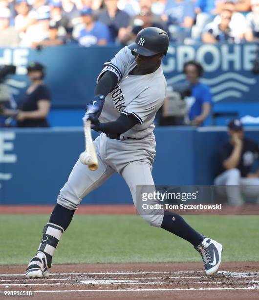 Didi Gregorius of the New York Yankees bats in the first inning during MLB game action against the Toronto Blue Jays at Rogers Centre on July 6, 2018...