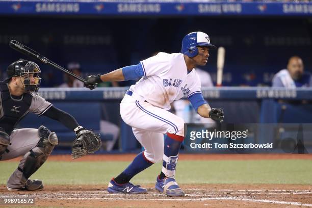 Curtis Granderson of the Toronto Blue Jays bats in the sixth inning during MLB game action against the New York Yankees at Rogers Centre on July 6,...