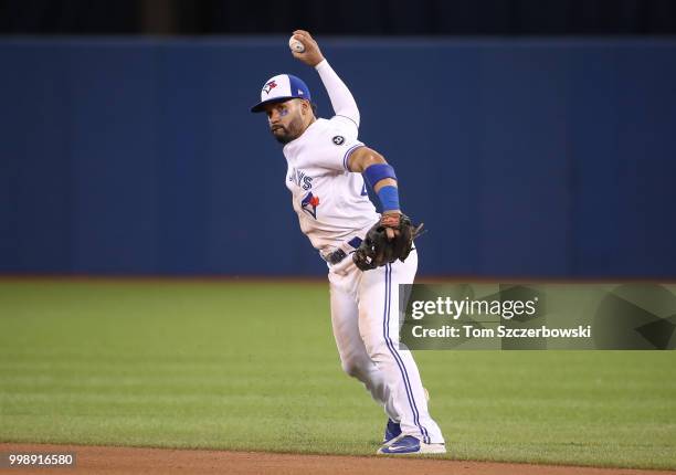 Devon Travis of the Toronto Blue Jays makes the play and throws out the baserunner in the eighth inning during MLB game action against the New York...