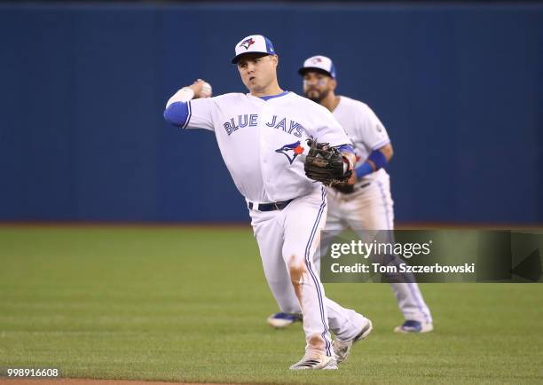 Aledmys Diaz of the Toronto Blue Jays makes the play and throws out the baserunner as Devon Travis watches in the ninth inning during MLB game action...