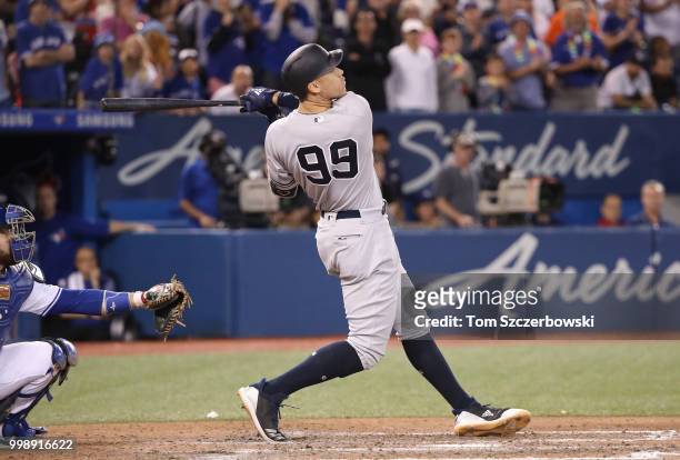 Aaron Judge of the New York Yankees bats in the ninth inning during MLB game action against the Toronto Blue Jays at Rogers Centre on July 6, 2018 in...