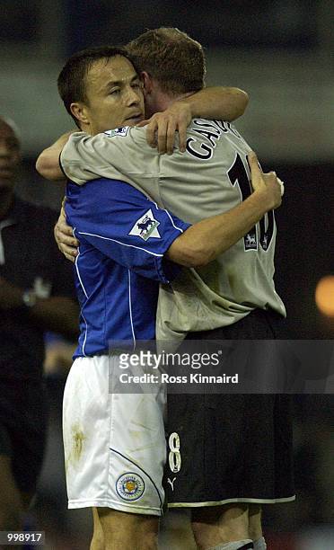 Dennis Wise of Leicester and Paul Gascoigne of Everton after the Leicester City v Everton FA Barclaycard Premiership match at Filbert St, Leicester....