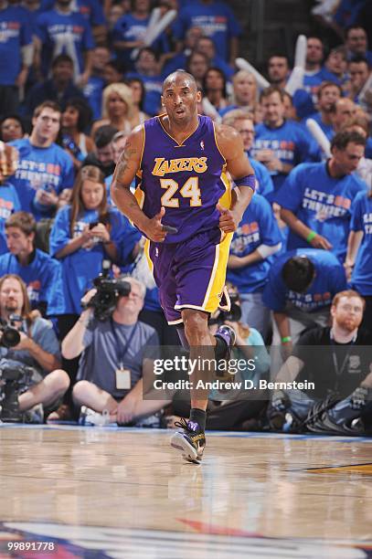 Kobe Bryant of the Los Angeles Lakers runs upcourt against the Oklahoma City Thunder in Game Six of the Western Conference Quarterfinals during the...