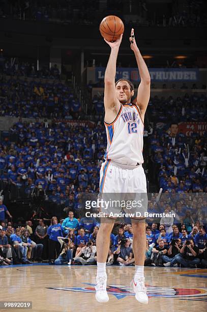 Nenad Krstic of the Oklahoma City Thunder shoots a jump shot against the Los Angeles Lakers in Game Six of the Western Conference Quarterfinals...