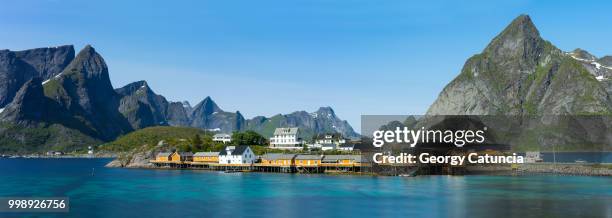 sakrisoy with yellow rorbu cottages panorama - rorbu stock pictures, royalty-free photos & images