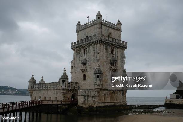 View of the Belém Tower or the Tower of St Vincent which is a fortified tower located in the civil parish of Santa Maria de Belém in the municipality...