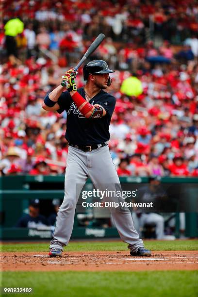 Tyler Flowers bats against the St. Louis Cardinals at Busch Stadium on July 1, 2018 in St. Louis, Missouri.