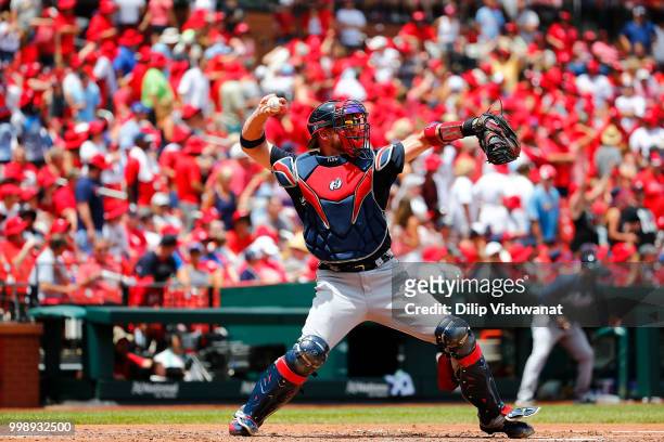 Tyler Flowers of the Atlanta Braves throws against the St. Louis Cardinals at Busch Stadium on July 1, 2018 in St. Louis, Missouri.