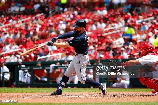Ender Inciarte of the Atlanta Braves bats against the St. Louis Cardinals at Busch Stadium on July 1, 2018 in St. Louis, Missouri.