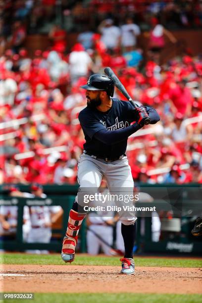 Nick Markakis of the Atlanta Braves bats against the St. Louis Cardinals at Busch Stadium on July 1, 2018 in St. Louis, Missouri.