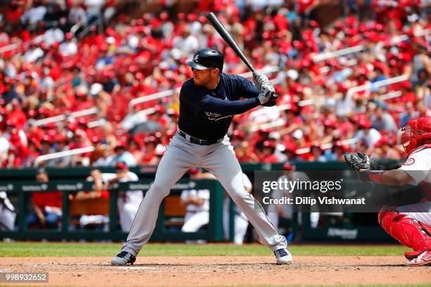 Freddie Freeman of the Atlanta Braves bats against the St. Louis Cardinals at Busch Stadium on July 1, 2018 in St. Louis, Missouri.