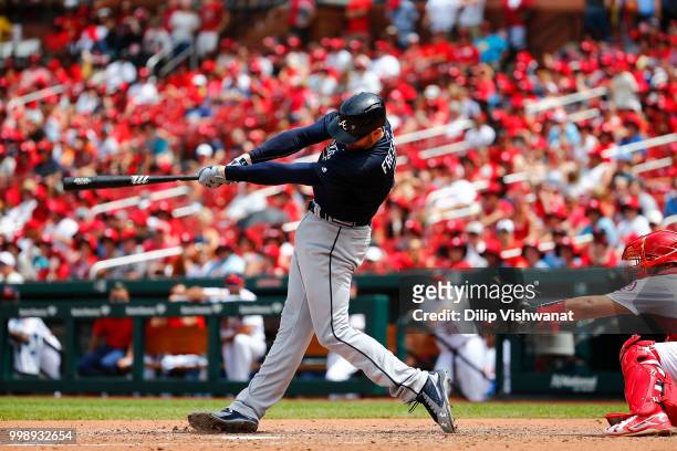 Freddie Freeman of the Atlanta Braves hits a home run against the St. Louis Cardinals at Busch Stadium on July 1, 2018 in St. Louis, Missouri.