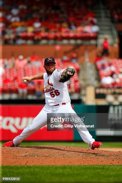 Greg Holland of the St. Louis Cardinals delivers a pitch against the Atlanta Braves at Busch Stadium on July 1, 2018 in St. Louis, Missouri.