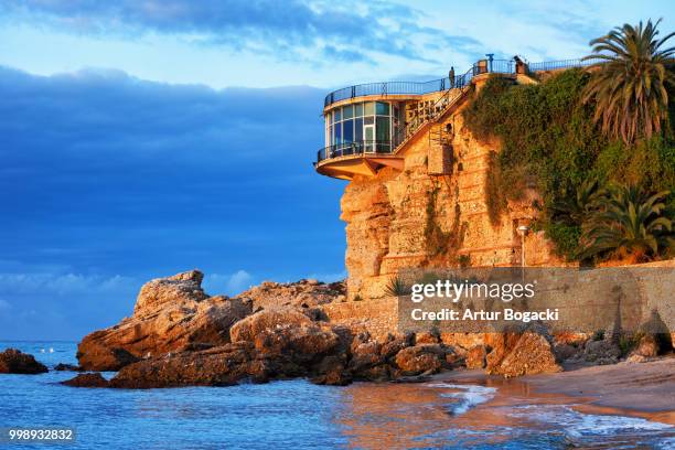 sea coast sunrise at balcon de europa in nerja - balcon stock pictures, royalty-free photos & images