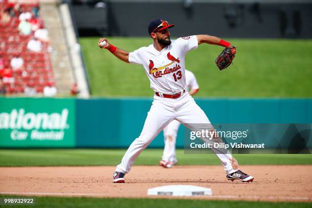 Matt Carpenter of the St. Louis Cardinals throws against the Atlanta Braves at Busch Stadium on July 1, 2018 in St. Louis, Missouri.