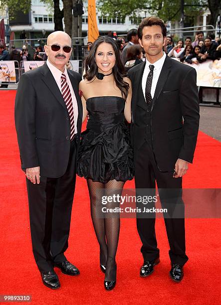 Rakesh Roshan, actress Barbara Mori and actor Hrithik Roshan attends the European Premiere of 'Kites' at Odeon West End on May 18, 2010 in London,...