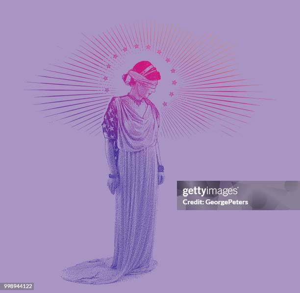 american lady justice with sad expression - scratchboard stock illustrations