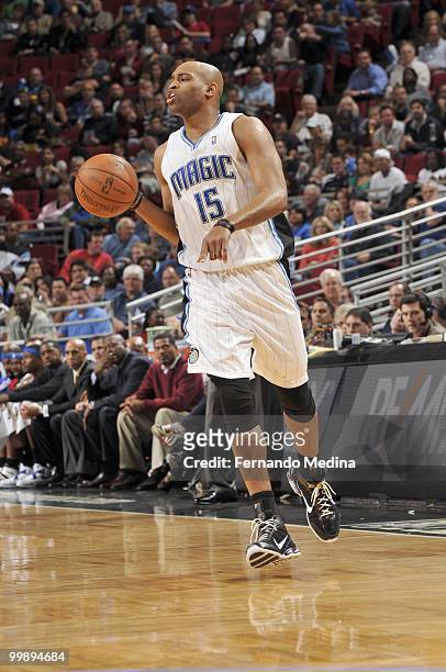 Vince Carter of the Orlando Magic dribbles the ball downcourt against the Los Angeles Clippers during the game on March 9, 2010 at Amway Arena in...