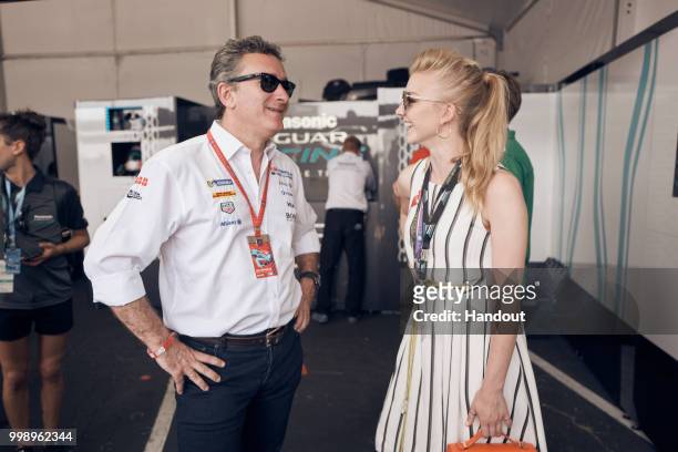 In this handout provided by FIA Formula E, Alejandro Agag, CEO, Formula E, meets Natalie Dormer during the New York City ePrix, Round 11 of the...