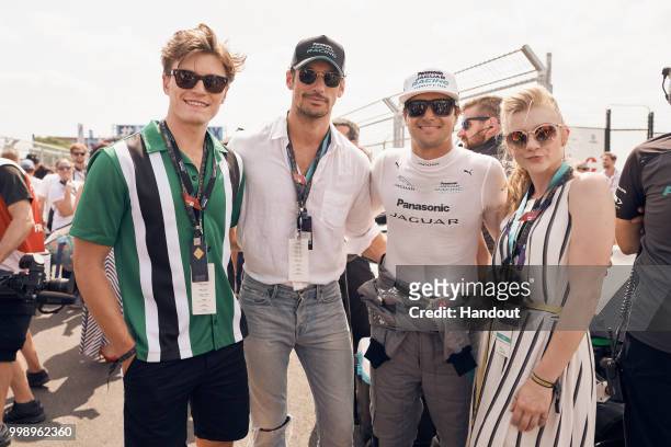 In this handout provided by FIA Formula E, Oliver Cheshire, David Gandy, Nelson Piquet Jr. , Panasonic Jaguar Racing, Jaguar I-Type II, and Natalie...