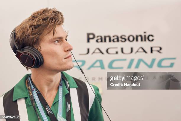 In this handout provided by FIA Formula E, Oliver Cheshire in the Jaguar Racing garage during the New York City ePrix, Round 11 of the 2017/18 FIA...