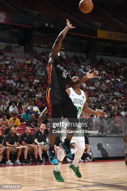 Ike Nwamu of the Miami Heat shoots the ball against the Boston Celtics during the 2018 Las Vegas Summer League on July 14, 2018 at the Thomas & Mack...