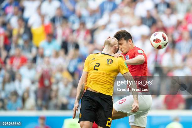 Harry Maguire of England wins a header from Toby Alderweireld of Belgium during the 2018 FIFA World Cup Russia 3rd Place Playoff match between...