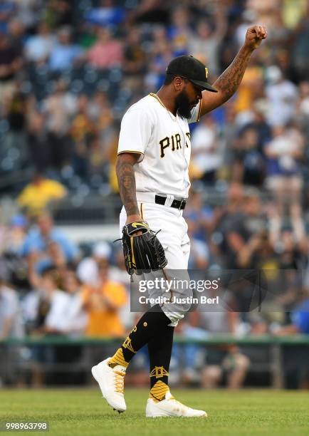 Felipe Vazquez of the Pittsburgh Pirates reacts after the final out in a 6-2 win over the Milwaukee Brewers on July 14, 2018 in Pittsburgh,...