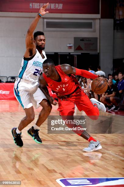 Rawle Alkins of the Toronto Raptors goes to the basket during the 2018 Las Vegas Summer League on July 14, 2018 at the Cox Pavilion in Las Vegas,...