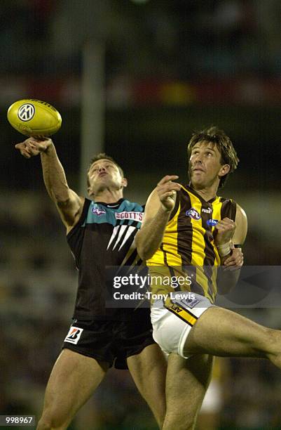 Matthew Primus of Port Power beats Shaun Rehn of Hawthorn in a ruck in the semi final match between Port Power and the Hawthorn Hawks played at...
