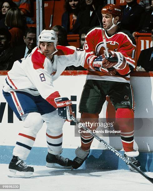 Mathieu Schneider of the Montreal Canadiens skates during the 1990's at the Montreal Forum in Montreal, Quebec, Canada. Schneider played for the...