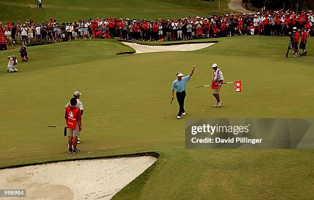 Stuart Appleby of Australia celebrates winning the Holden Australian Open Golf Tournament held at The Grand Golf Club, Gold Coast, Australia. He...